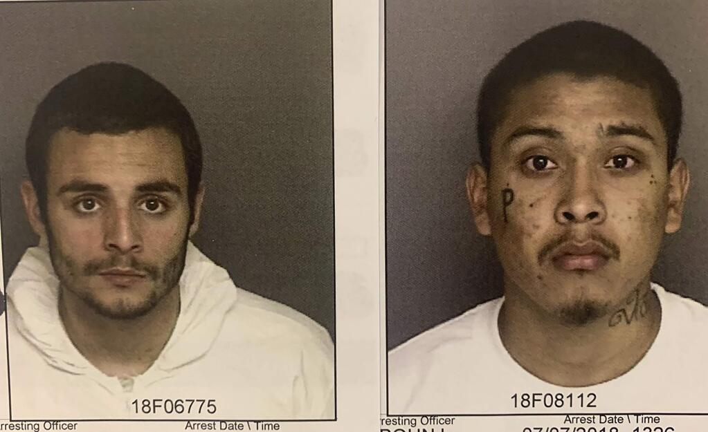 These undated photos provided by the Monterey County Sheriff's Office show inmates Santos Fonseca, left and Jonathan Salazar, right, who escaped from from Monterey County Jail Sunday, Nov. 3, 2019. Authorities say the two murder suspects have escaped from central California's Monterey County Jail. (Monterey County Sheriff's Office via AP)