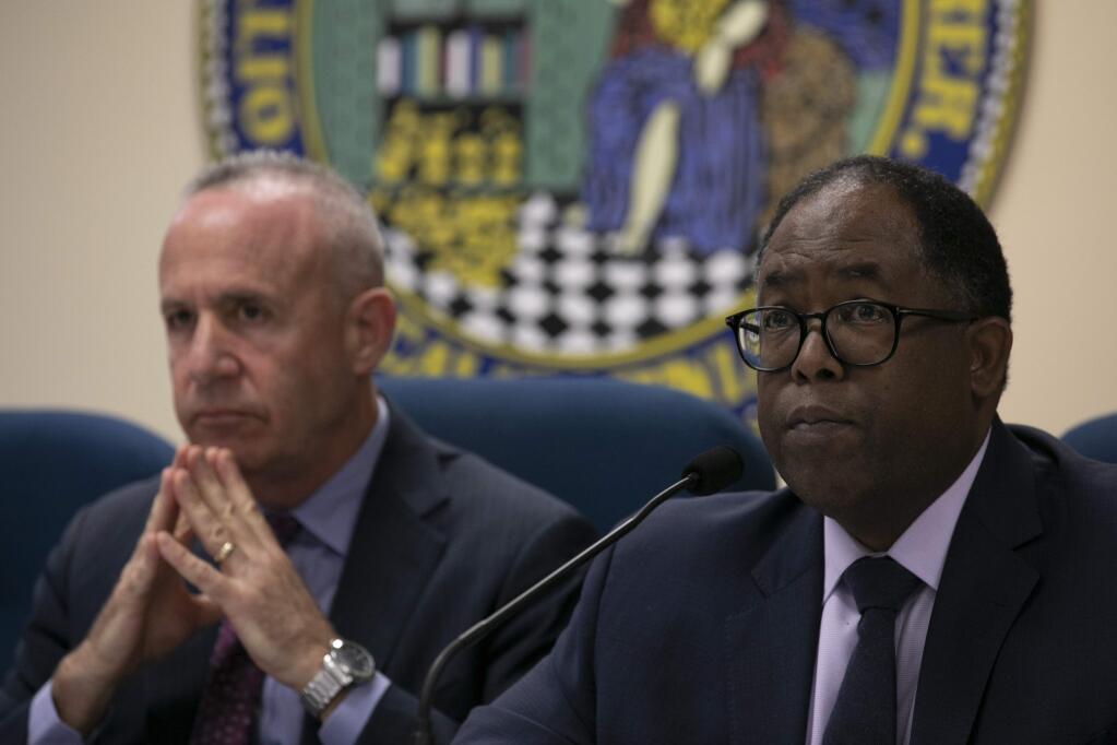 Sacramento Mayor Darrell Steinberg, left, and Los Angeles County Supervisor Mark Ridley-Thomas, who are leading Newsom's task force, have been pushing for some legal leverage to force action on homelessness. (Anne Wernikoff for CalMatters)
