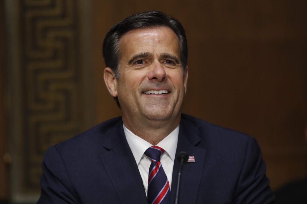 In this May 5, 2020, photo, Rep. John Ratcliffe, R-Texas, testifies before the Senate Intelligence Committee during his nomination hearing on Capitol Hill in Washington. President Donald Trump's pick to be the nation's top intelligence official, Ratcliffe, is adamant that if confirmed he will not allow politics to color information he takes to the president. (AP Photo/Andrew Harnik, Pool)