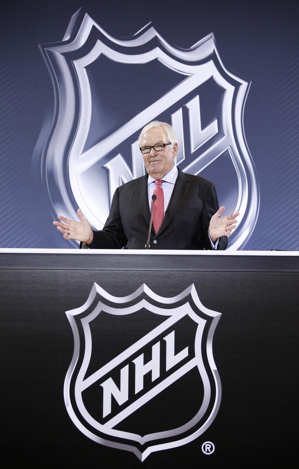Bill Foley speaks during a news conference Wednesday, June 22, 2016, in Las Vegas. NHL Commissioner Gary Bettman announced an expansion franchise to Las Vegas after the league's board of governors met in Las Vegas. Foley is the majority owner of the team. (AP Photo/John Locher)