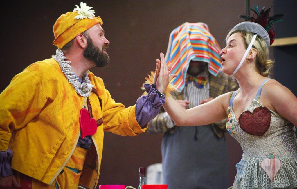 Petaluma, CA, USA. Sunday, May 28, 2017._ The cast of Pagliacci rehearse scenes for the upcoming opening of the opera at Cinnabar. Jacob Thompson as Beppe and Julia Hathaway as Nedda, with Julio Ferrari as Tonio (background) . (CRISSY PASCUAL/ARGUS-COURIER STAFF)