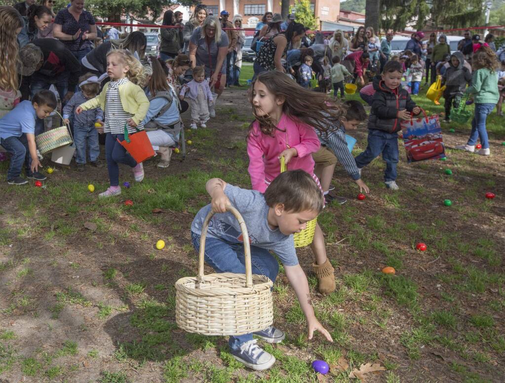 Cheerful chaos marked the Easter egg hunt on Sonoma Plaza, which took place on Saturday, March 31, 2018. The Sonoma Valley Soroptimists laid out hundreds of plastic eggs filled with candy, which at the stroke of 10 a.m. were scooped up by hundreds of children. This year's annual Sonoma Plaza Easter egg hunt will be held on April 20, 2019. (Photo by Robbi Pengelly/Index-Tribune)