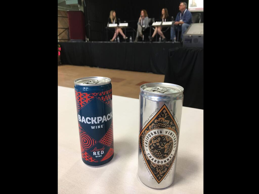 Canned wine products from Backpack Wine Co. and Francis Ford Coppola Winery were on display at the Wine Expo conference at the Sonoma County Fairgrounds, Thursday, Nov. 30, 2017. (Bill Swindell / Press Democrat)