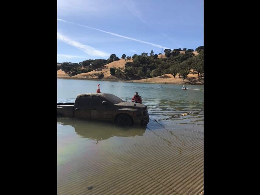 Sonoma County Sheriff's Marine Unit pulls a stolen Dodge truck out of Lake Sonoma. (COURTESY PHOTO)