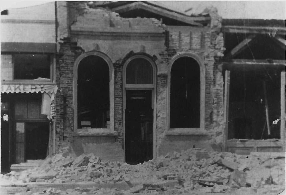Earthquake damage to the Bank of Sebastopol after the 1906 earthquake. The bank was located on Main Street near Bodega Avenue. (Courtesy of the Sonoma County Library)