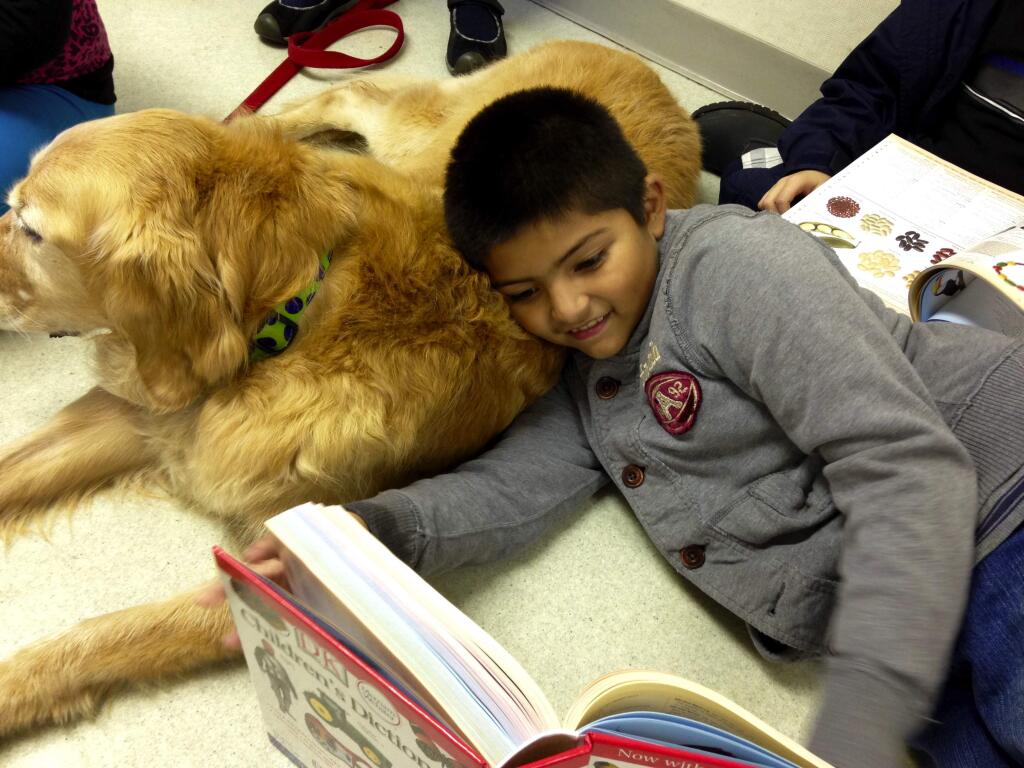Craig Madison/Special to the Index-TribuneThird grader Christopher Martinez snuggles up with a visiting service dog in a El Verano classroom after receiving his dictionary from the Kiwanis.