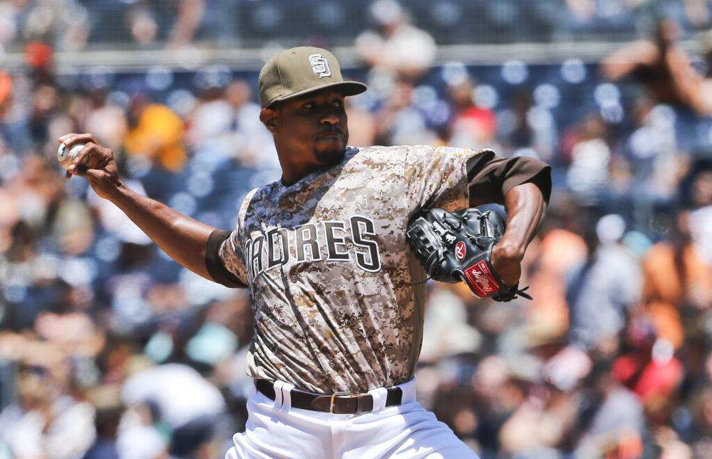 San Diego Padres starter Edwin Jackson throws against the San Francisco Giants in the first inning of a baseball game Sunday, July 17, 2016, in San Diego. (AP Photo/Lenny Ignelzi)