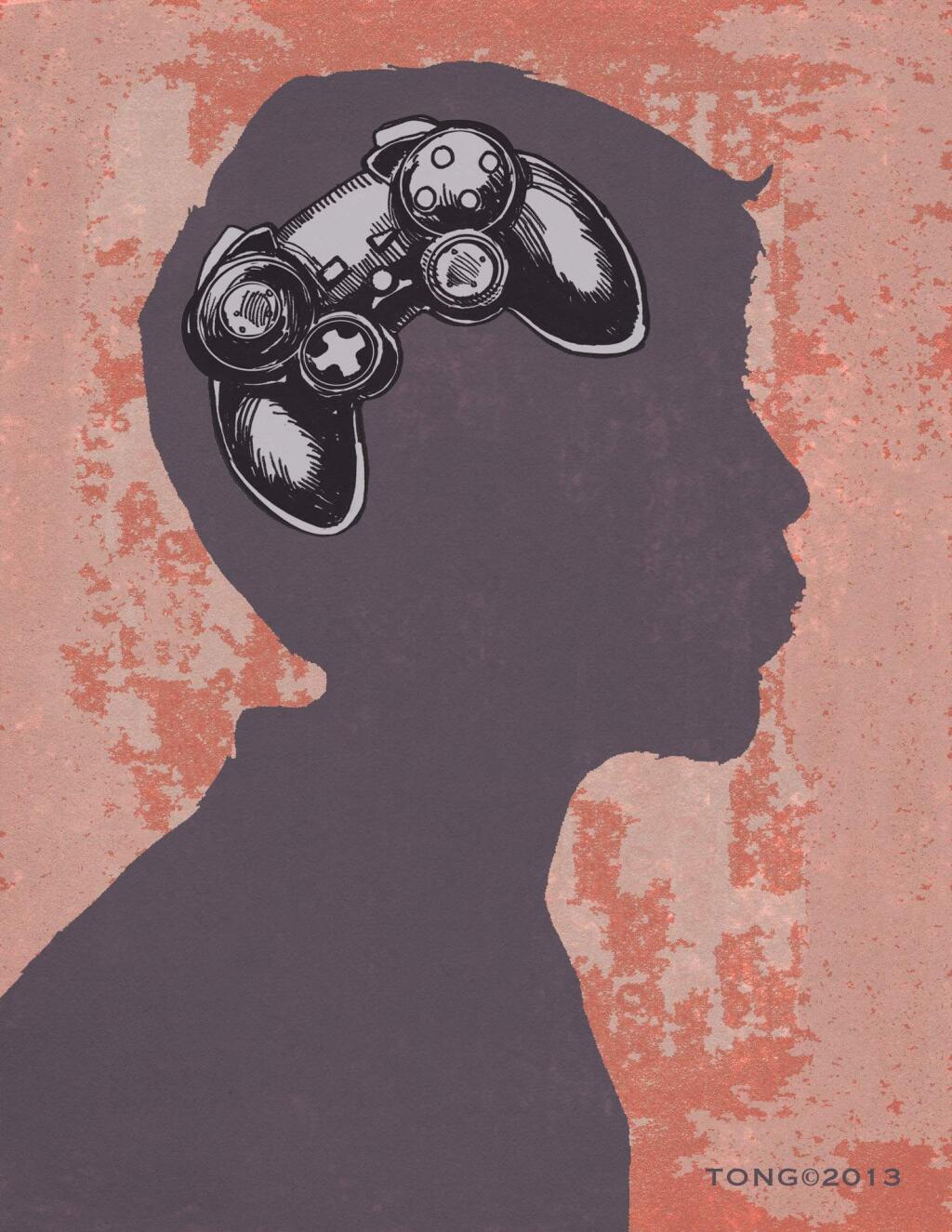 This artwork by Paul Tong relates to the effect of video games on childrens' brains.