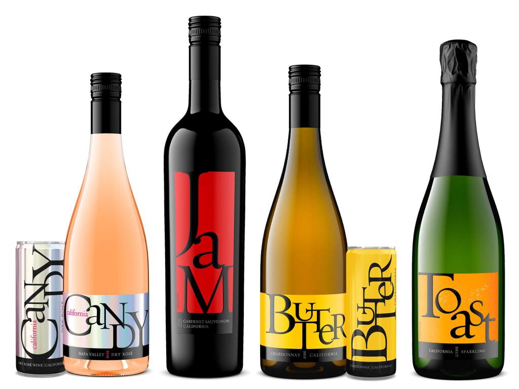 Napa-based JaM Cellars' wine brands include Butter chardonnay, JaM cabernet sauvignon, Toast sparkling wine and Candy rose. (composite of courtesy images)