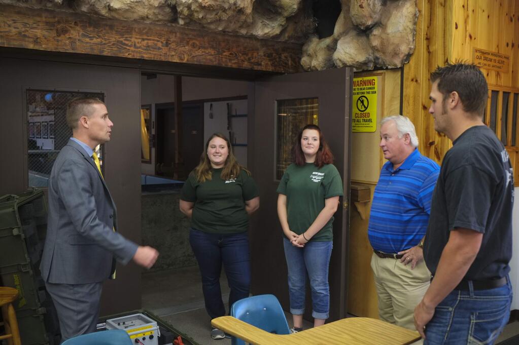 Petaluma, CA, USA. Thursday, July 21, 2016._ California State Senator Mike McGuire meets with (left to right), Ellie Slick,Rachel Lucine,Ben Slick and Dan Hubacker of the United Anglers of Casa Grande. (ERIC GNECKOW/ARGUS-COURIER STAFF)