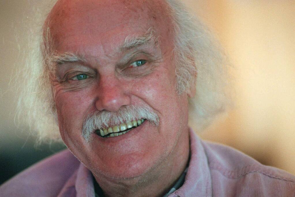 FILE - In this Oct. 21, 1998 file photo, Ram Dass, best known for the 1971 bestseller 'Be Here Now,' smiles during an interview at his San Anselmo, Calif., home. The 1960s counterculture spiritual leader and early LSD proponent died, Sunday, Dec. 22, 2019 at his home in Maui, Hawaii. He was 88. (AP Photo/Susan Ragan, File)