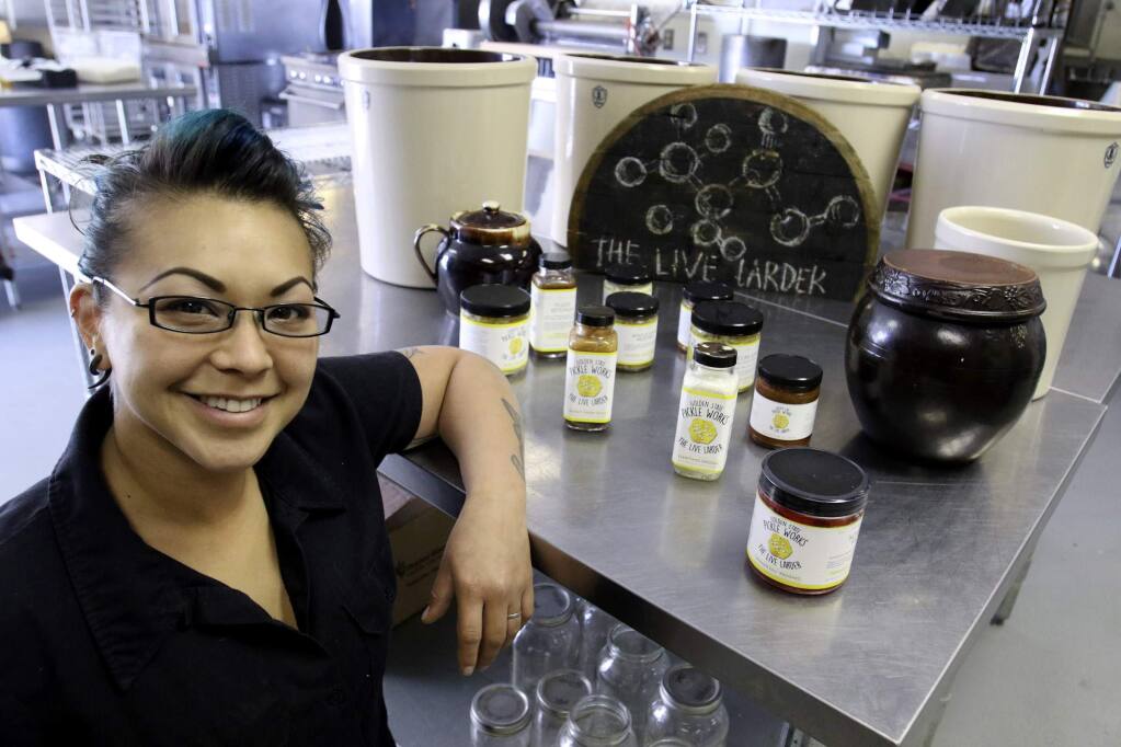 Samantha Paone, owner, of Golden State Pickle Works with some of her products at her kitchen in Petaluma on Tuesday, May 31, 2016. (SCOTT MANCHESTER/ARGUS-COURIER STAFF)