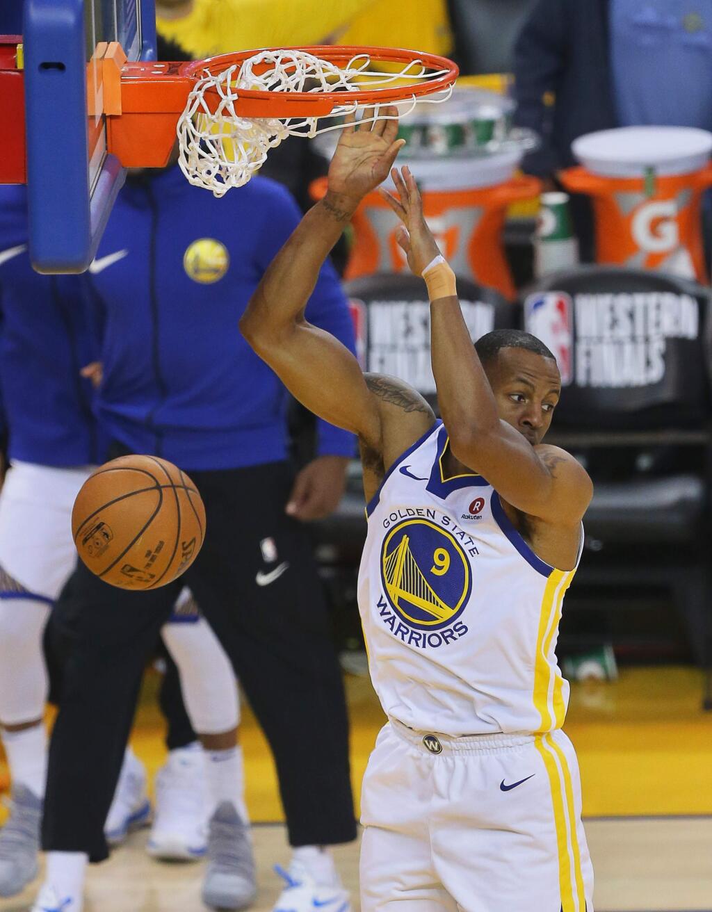 Golden State Warriors guard Andre Iguodala dunks the ball against the Houston Rockets, during their game in Oakland on Sunday, May 20, 2018. (Christopher Chung/ The Press Democrat)