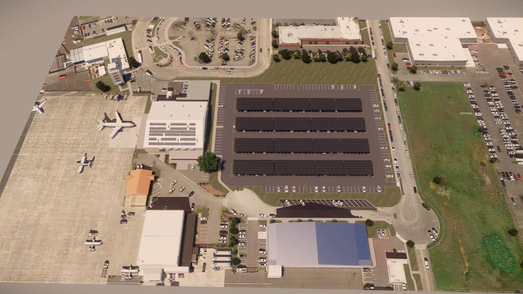 A rendering shows what a new solar panel installation is expected to look like over the long-term parking area on the east side of the property at Charles M. Schulz-Sonoma County Airport. (ForeFront Power)