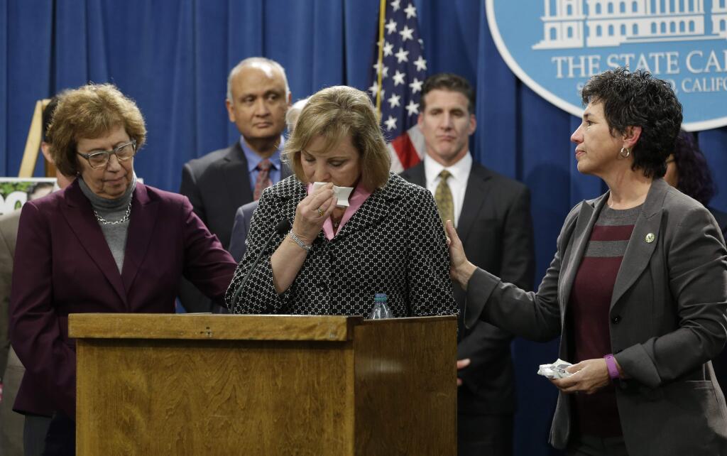 RICH PERDRONCELLI / Associated PressDebbie Ziegler, center, the mother of Brittany Maynard, is comforted by state Sen. Lois Wolk, D-Davis, left, and Assemblymember Susan Talamantes Eggman, D-Stockton, as she appeared at a Capitol news conference on Wednesday in support of proposed legislation allowing doctors to prescribe life-ending medication to terminally ill patients.