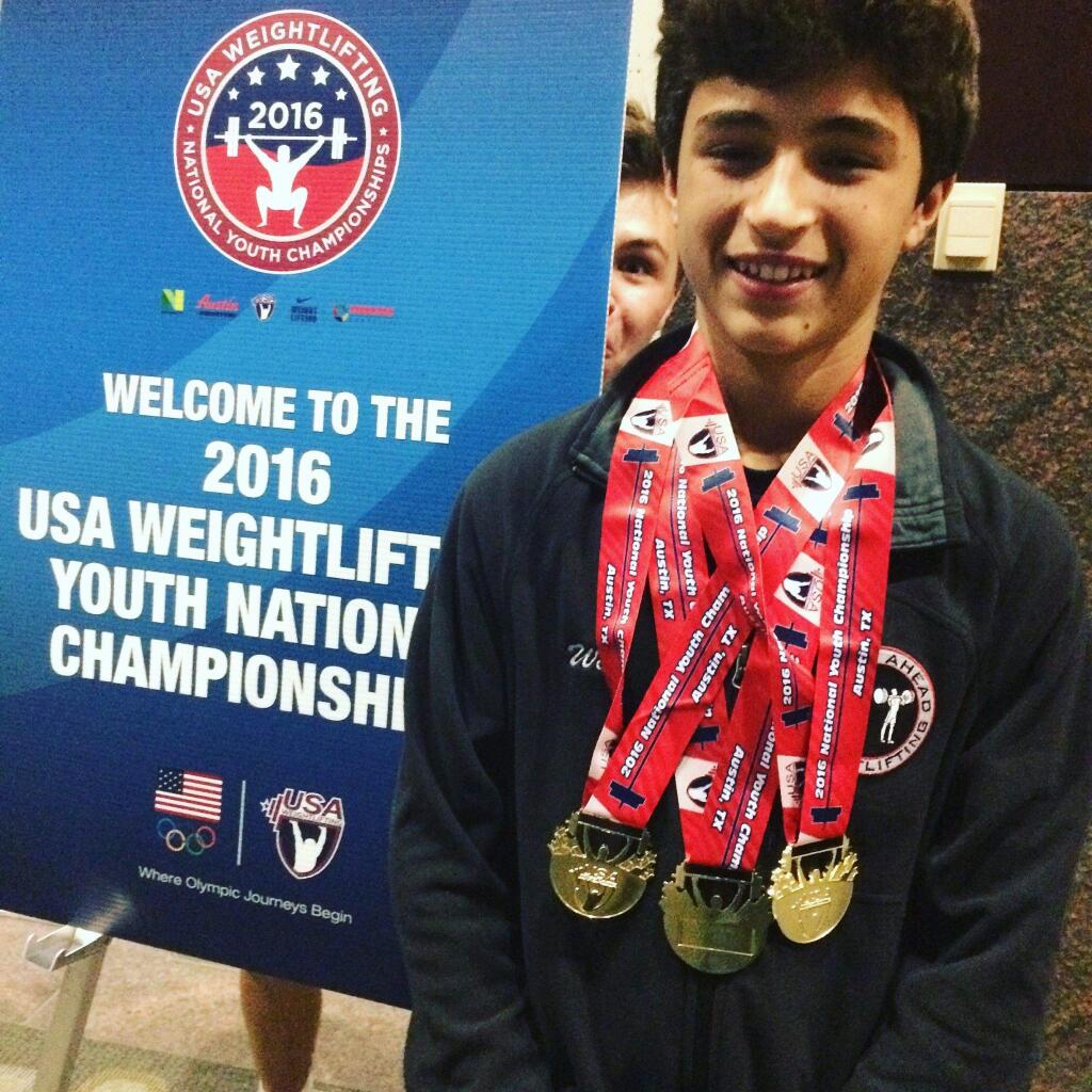 PHOTO COURTESEY MYLES AHEAD WEIGHTLIFTING TEAM William Prokop earned top honors as the under-13 national champion at the USA National Weightlifting Championships.