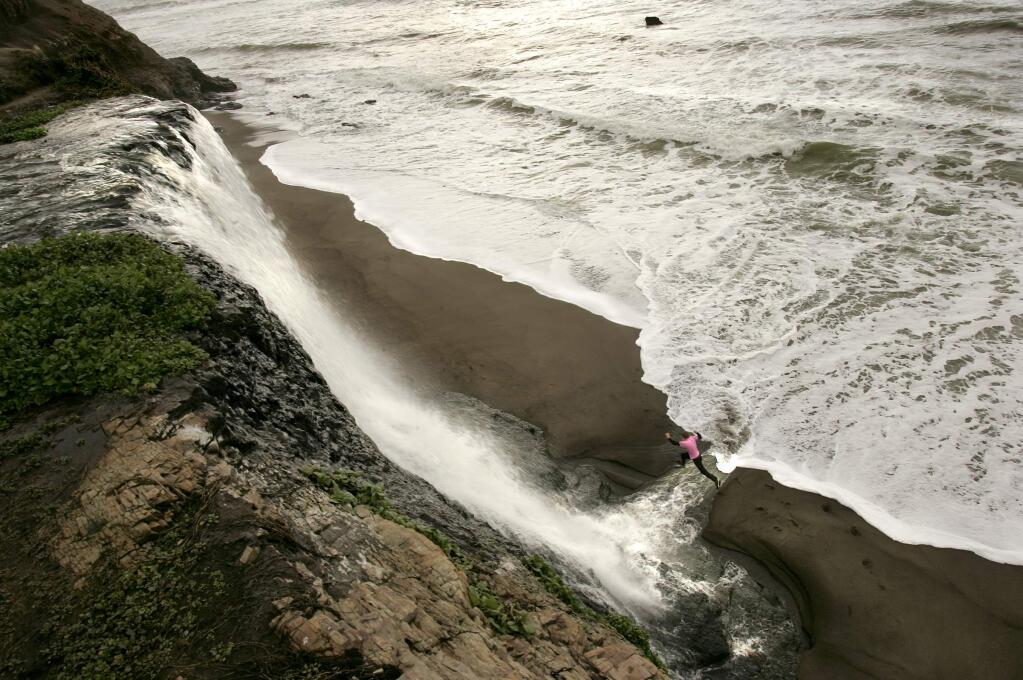 Wildcat Beach in Point Reyes was ranked number eight in Family Destination Guide’s list of the best “secret beaches” in America. In this photo, Alamere Falls drop 50 feet into the surf of Wildcat Beach at the southern end of the Point Reyes National Seashore. (John Burgess / The Press Democrat file)