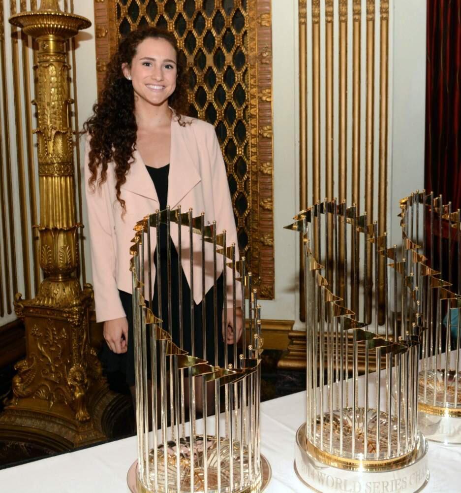 Submitted photoSonoma's Mackenzie Albrecht, who received one of just two Toyota/Steve Young/Scholar Athlete awards for the Bay Area at the recent 36th annual, and prestigious, Bay Area Hall of Fame Banquet at Westin St. Francis in San Francisco, stands with the San Francisco Giants' three World Series trophies at the event.