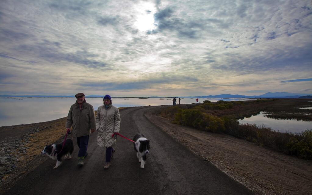 Robbi Pengelly/Index-TribuneA couple walk their dogs on a path near Sears Point that will eventually wind its way around the Bay.