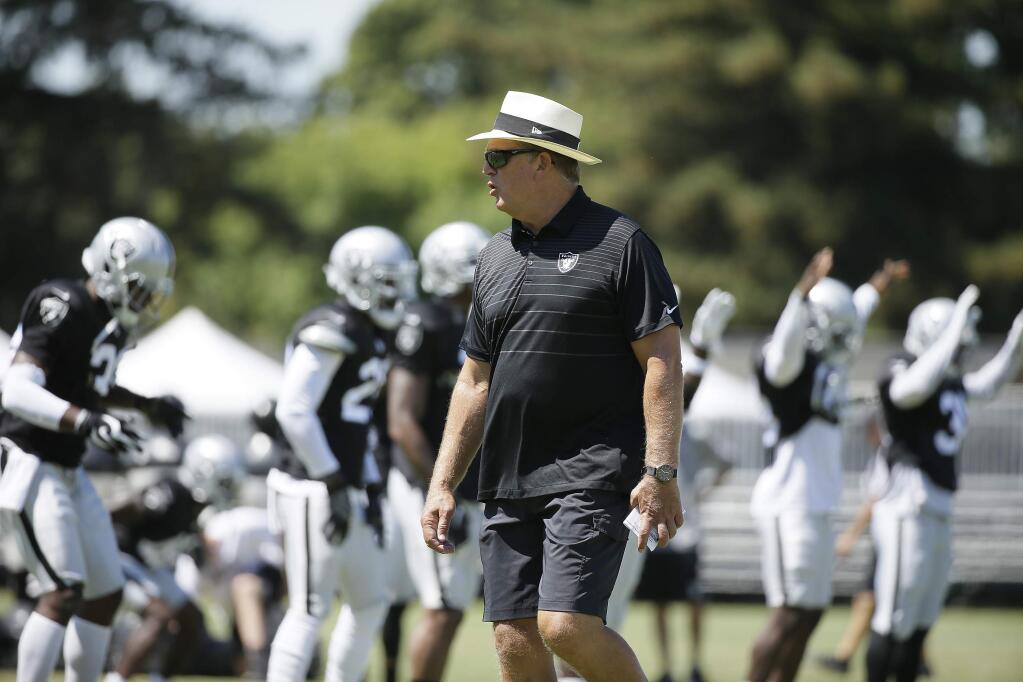 Oakland Raiders head coach Jack Del Rio during training camp Monday, July 31, 2017, in Napa. (AP Photo/Eric Risberg)