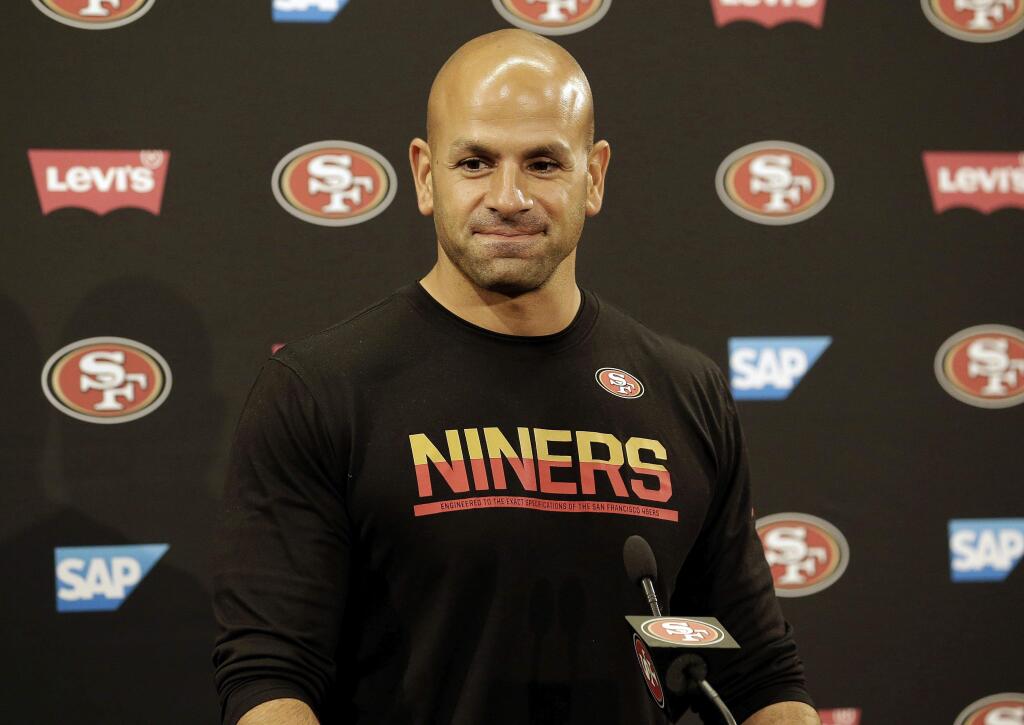 San Francisco 49ers defensive coordinator Robert Saleh speaks at a news conference after the team's practice in Santa Clara, Wednesday, May 31, 2017. (AP Photo/Jeff Chiu)