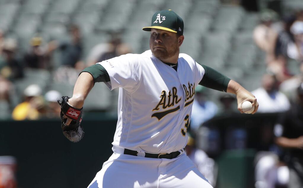 Oakland Athletics pitcher Brett Anderson throws to a Tampa Bay Rays batter during the third inning of a baseball game in Oakland, Calif., Sunday, June 23, 2019. (AP Photo/Jeff Chiu)