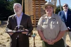 Viktor Vekselberg and State Park Superintendent Liz Burko during a ceremony at Fort Ross State Historic Park. (PAUL C. MILLER)