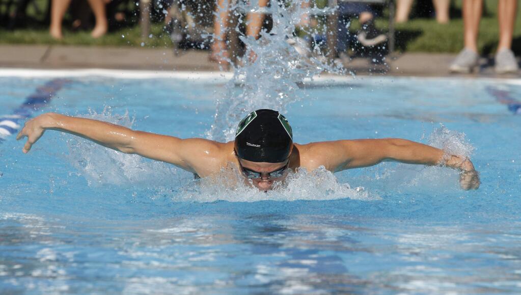 Bill Hoban/Index-TribuneSonoma's Jason Pine swims the butterfly in a recent race. The swimming Dragons beat St. Helena on Tuesday and ended their regular season on Thursday against Petaluma.