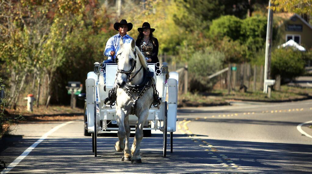 David and Julie Vasquez of Wine Country Wedding Carriages, take guests through the town of Freestone during the Freestone block party, Sunday, October 19, 2014. (Crista Jeremiason / The Press Democrat)