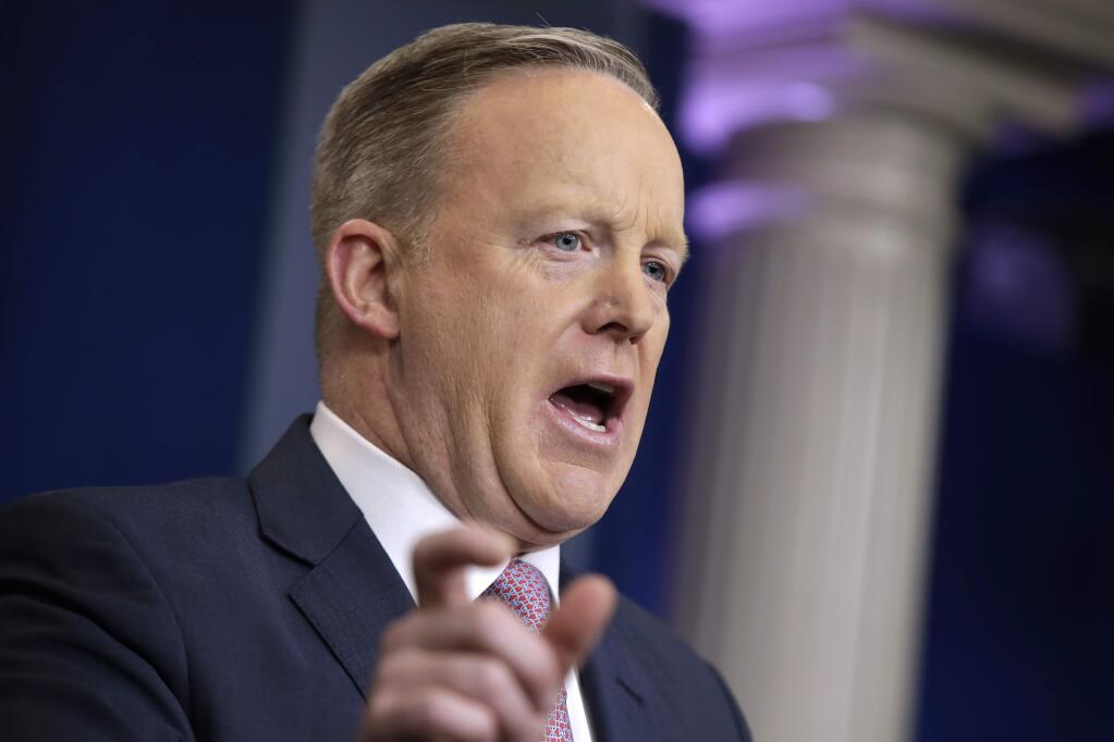 White House press Secretary Sean Spicer speaks during the daily White House briefing, Monday, Jan. 23, 2017, in the briefing room of the White House in Washington. (AP Photo/Evan Vucci)
