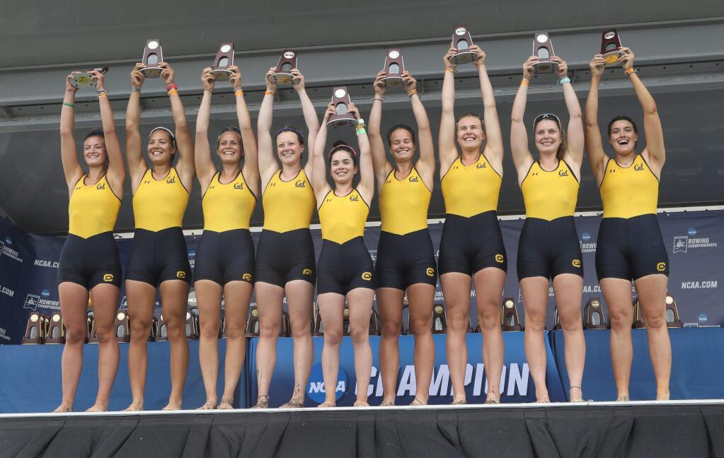 Sam Lamos, third from right, joins her Cal teammates on the podium with their silver medals in the varsity eight competition at the NCAA Rowing Championships in May at Sarasota, Fla. (Photo by Greg Wagner)
