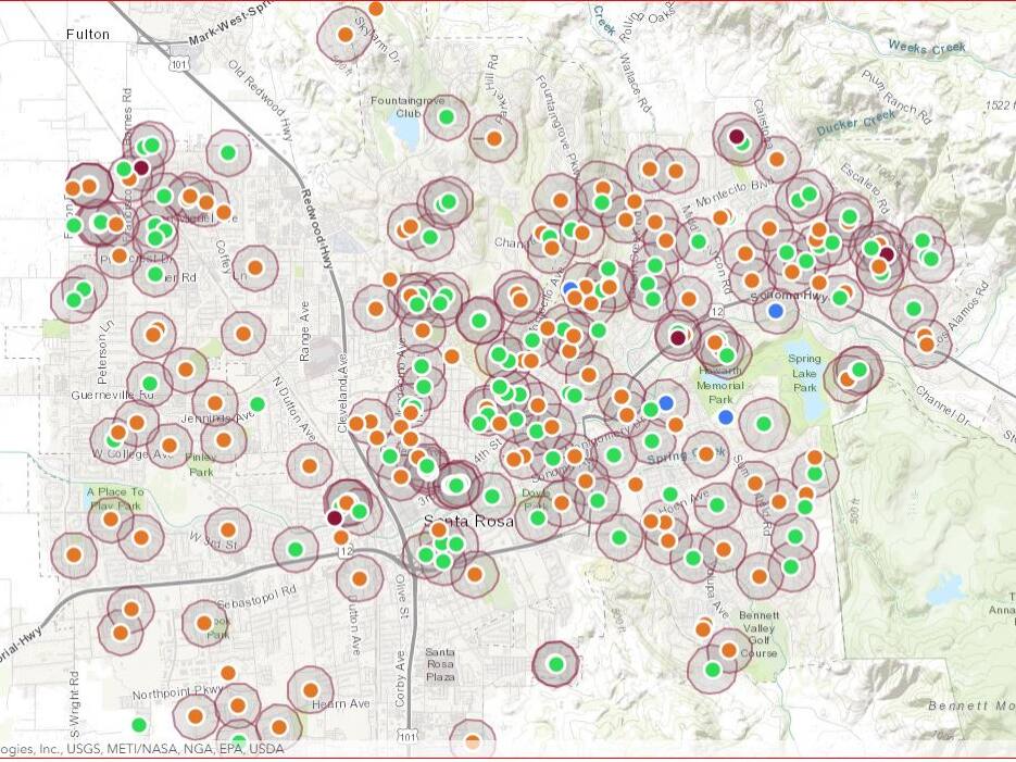 A screenshot of Santa Rosa's short-term rental map indicates where owners have applied to operate rentals in the city. (City of Santa Rosa)
