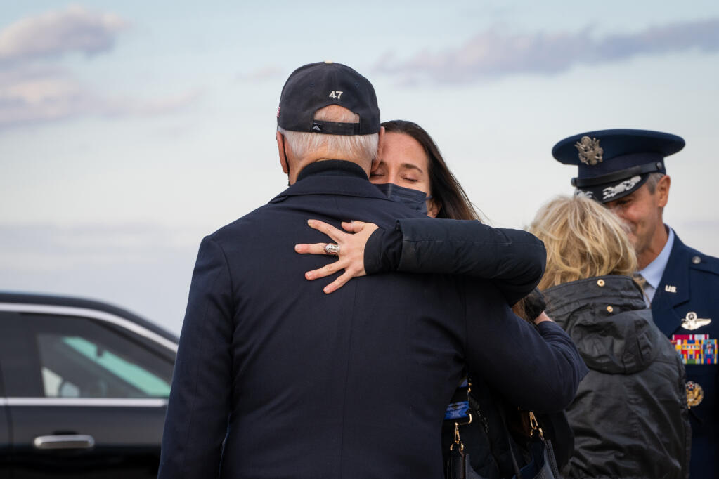 President Joe Biden hugs his daughter Ashley after departing Air Force One at Joint Base Andrews, Md., Nov. 28, 2021. New details of Project Veritas’s effort to establish that a diary was Ashley Biden’s are elements of a still-emerging story about how Trump supporters and a group known for its undercover sting operations worked to expose personal information about the Biden family at a crucial stage of the 2020 campaign. (Sarahbeth Maney/The New York Times)