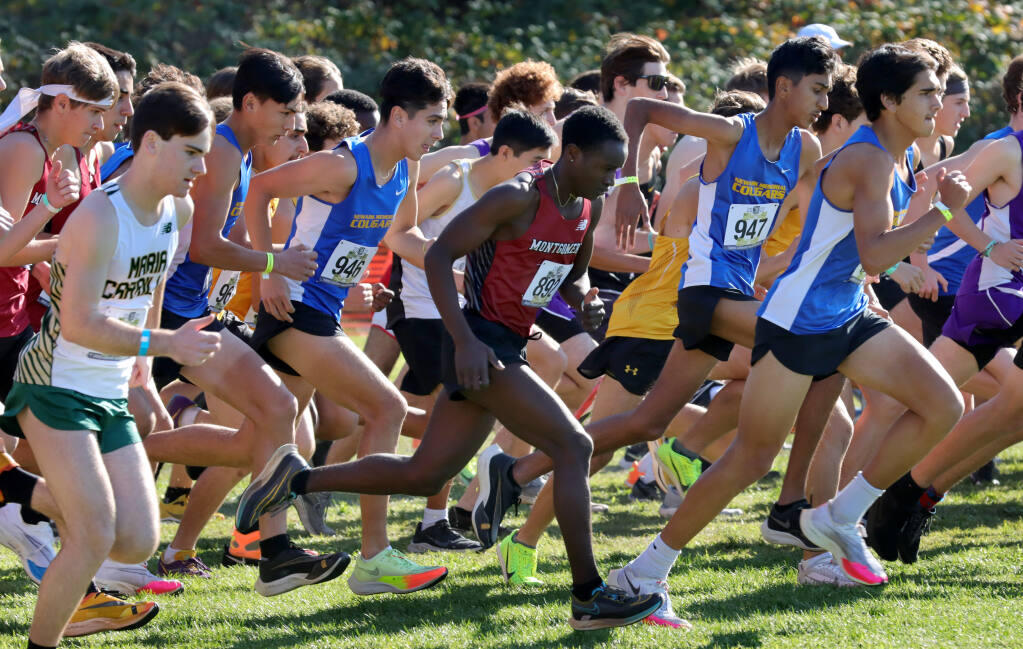 Runners start the Boys Division 3 race during the CIF North Coast Section Cross Country Championships at Hayward High School, Saturday, November 19, 2022, in Hayward. (Darryl Bush / For The Press Democrat)