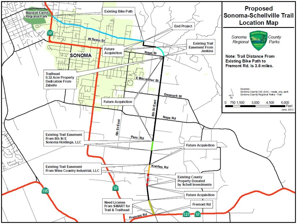 This map shows the plans to connect a multi-use trail from Sebastiani Winery to Shellville. (Sonoma County Regional Parks)