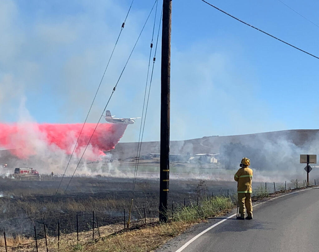A grass fire burns east of Petaluma, Wednesday, Sept. 23, 2020. (CHP Santa Rosa / Twitter)