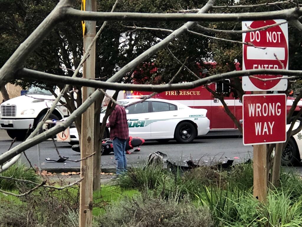 A hit and run accident sent a motorcyclist to the hospital on West Napa Street in Sonoma Friday, Nov. 19, 2021. (Photo: Dan Camajani)
