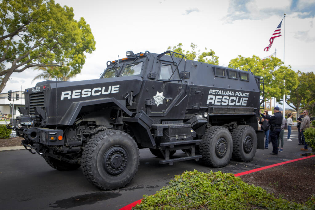 The Petaluma Police Department held a military equipment display at the station on Thursday, May 04, 2023, where the public could check out the police’s armored rescue vehicle (ARV) obtained at no cost from the US military. (CRISSY PASCUAL/ARGUS-COURIER STAFF)