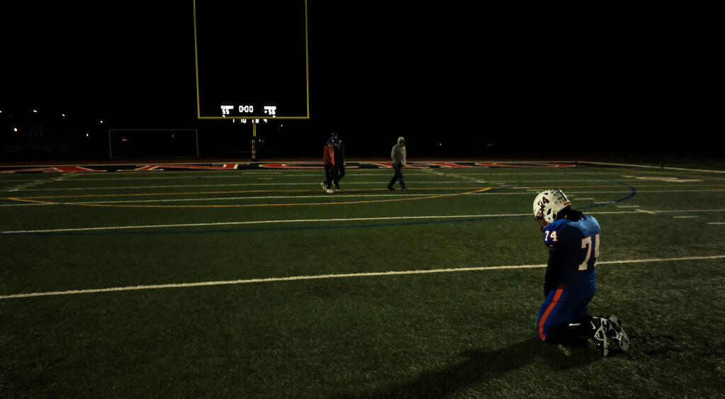 St. Vincent de Paul’s Johnny Martin-Martinez spends some time alone, Saturday, Nov. 26, 2022 after Clear Lake eked out  56-55 win over the Mustangs at Rancho Cotate High School in Rohnert Park.  (Kent Porter / The Press Democrat) 2022