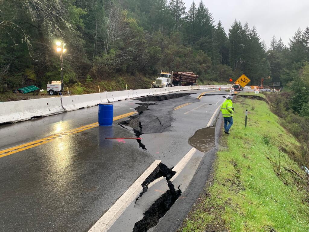 Caltrans monitors a portion of Highway 101 damaged by recent storms near Cooks Valley in southern Humboldt County, Tuesday, March 14, 2023. (Caltrans)