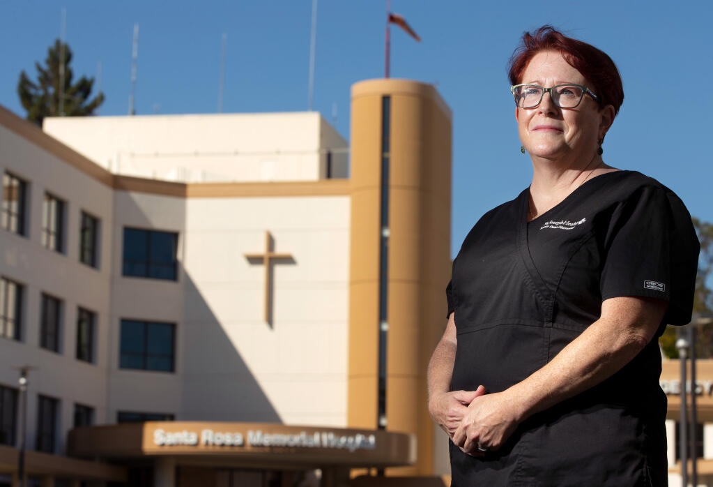Radiologic technologist Tammie Campbell in front of Santa Rosa Memorial Hospital, in a 2020 photo. (Alvin A.H. Jornada / The Press Democrat)