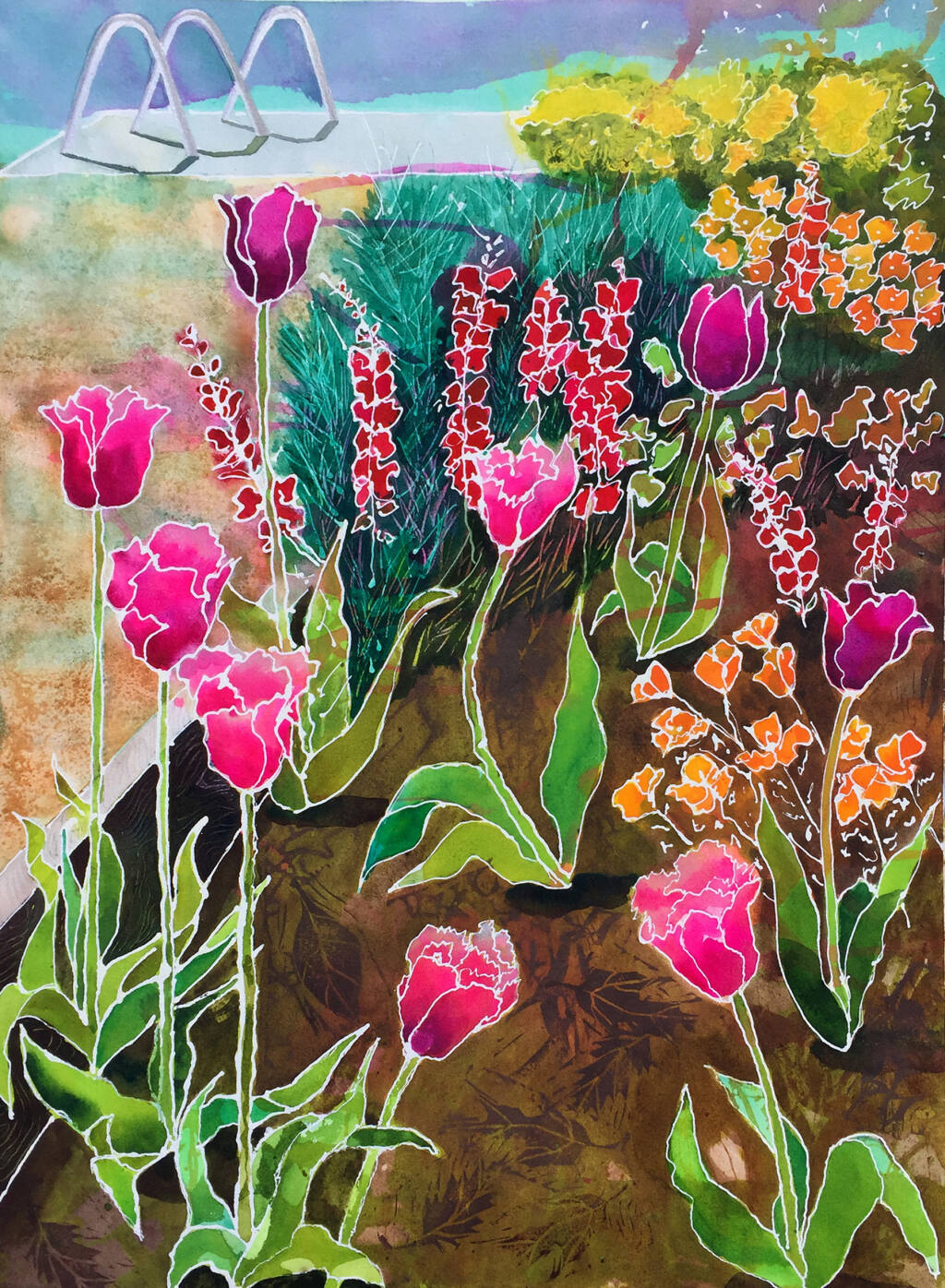 “Tulips with Bike Rack” by Marilyn J. Dizikes, who works in acrylics, watercolor, printmaking and clay. (Petaluma Arts Association)