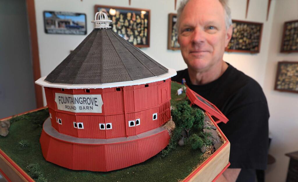 Woodworker and retired schoolteacher Lindsay Olsen created a replica of the Fountaingrove Round Barn, Thursday, June 7, 2018 at his home in Santa Rosa. (Kent Porter / The Press Democrat) 2018