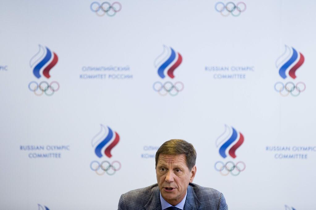 Russian Olympic Committee president Alexander Zhukov speaks during a meeting in Moscow, Russia, Monday, July 25, 2016. International Olympic Committee vice president John Coates says the IOC's decision not to ban all Russian athletes from the Rio Games reflected the need to be fair to athletes who hadn't turned to doping. (AP Photo/Pavel Golovkin)