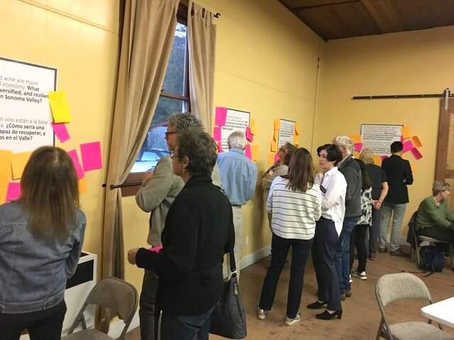 Participants in an earlier Sustainable Sonoma Listening Session, including Supervisor Gorin's aide Liz Haymon, go over the issues of importance to Valley residents. The next Listening Session is Sept. 19 at Vintage House. (Submitted)