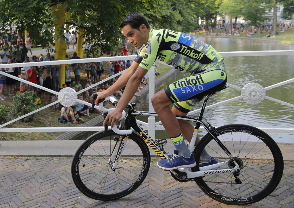 Spain's Alberto Contador arrives for the team presentation in Utrecht, Netherlands, Thursday, July 2, 2015, two days ahead of the start of the Tour de France cycling race. (AP Photo/Christophe Ena)