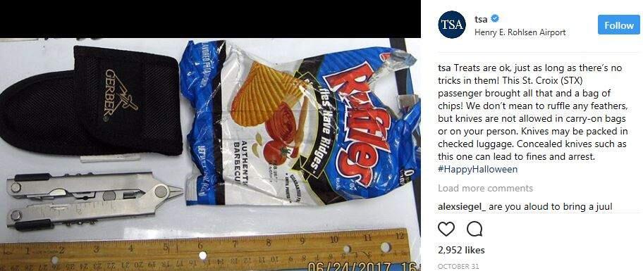 Potato chips are fine. A pocket knife inside a bag of potato chips is not. (Photo: TSA instagram)
