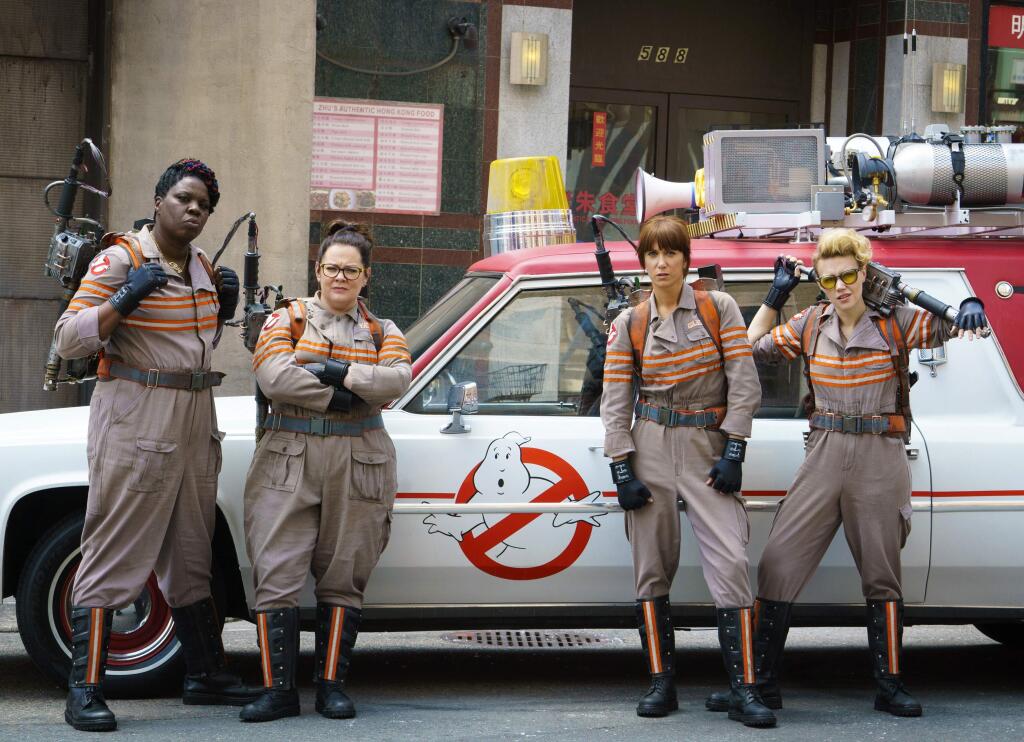 FILE - In this image released by Sony Pictures, from left, Leslie Jones, Melissa McCarthy, Kristen Wiig and Kate McKinnon from the film, 'Ghostbusters,' opening nationwide on July 15. (Hopper Stone/Columbia Pictures, Sony via AP)