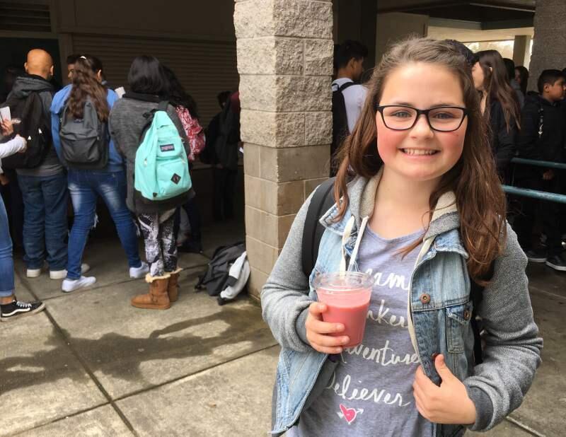 Altimira Middle School student Taylor Owen showed off her smoothie last year during break.