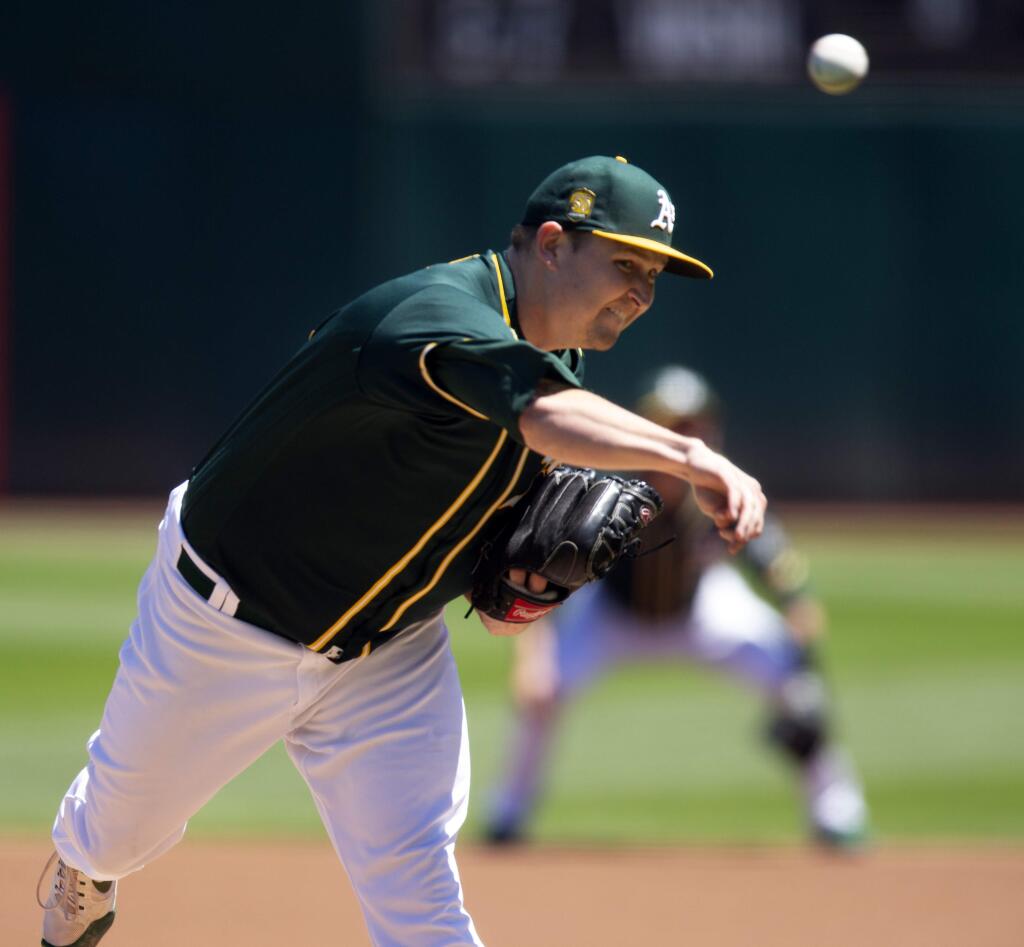 Oakland Athletics starting pitcher Trevor Cahill (53) delivers against the Detroit Tigers during the first inning of a baseball game, Sunday, Aug. 5, 2018, in Oakland, Calif. (AP Photo/D. Ross Cameron)